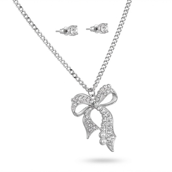 #2 Elegant Silver w/Rhinestone Bow Necklace Set - Picture 2 of 4